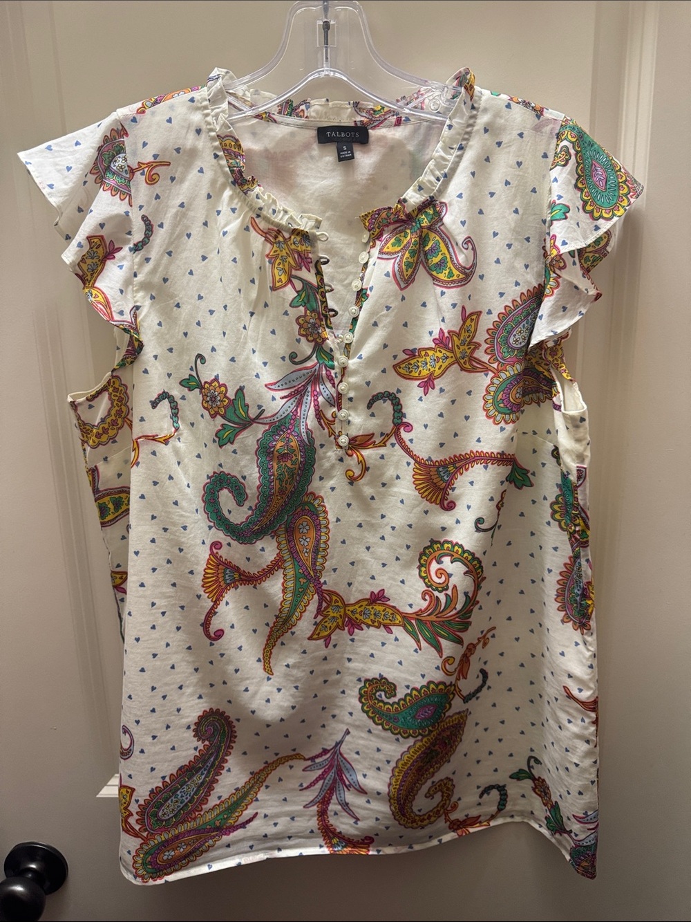 Talbots Cream Paisley Ruffled Cap-Sleeve Top